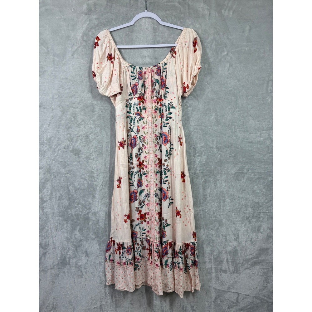 Angie Peach Floral Smocked Back Puff Sleeve Tiered Midi Dress Womens Large